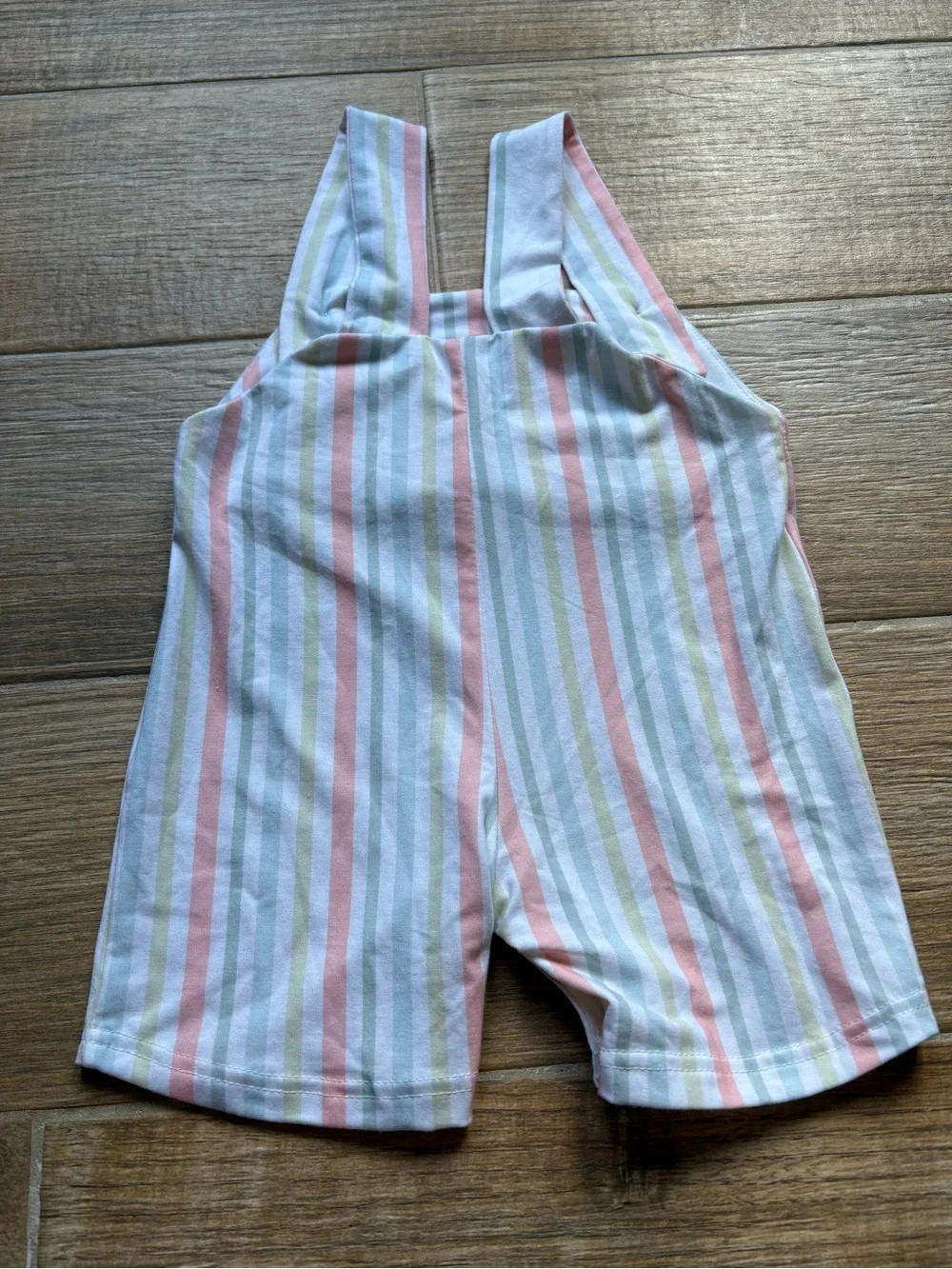 Striped Pastel Bunny Smocked Shortalls - Pink, Green & White